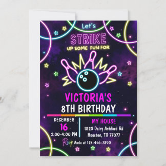 Bowling Party Invitation, Pins, Girl Bowling Invitation