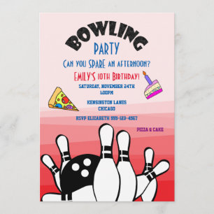 Bowling Party Invite Ball and Pins Pizza and Cake
