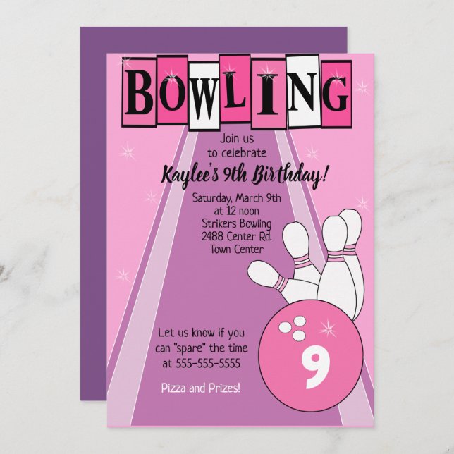 Bowling Party Pink Girls Birthday Invitation (Front/Back)