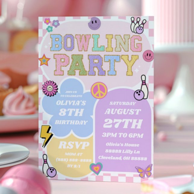 Bowling Party Preppy Varsity Patch Birthday Party Invitation (Creator Uploaded)