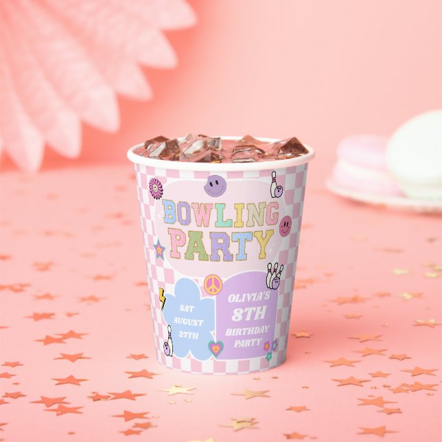 Bowling Party Preppy Varsity Patch Birthday Party Paper Cups (Insitu)