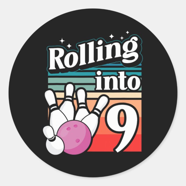 Bowling Party Rolling Into 9 Bowling Birthday  Classic Round Sticker (Front)