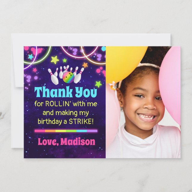 Bowling Party Thank You Card with Photo (Front)