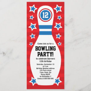 Bowling pin birthday party invitation with stars