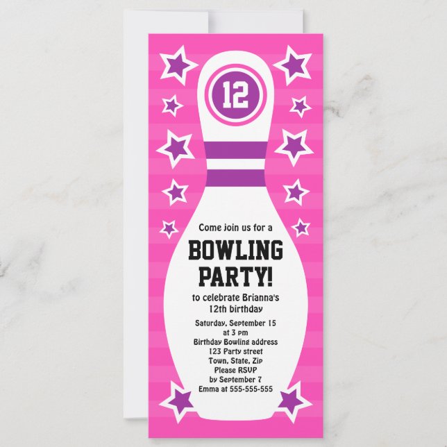 Bowling pin birthday party invitation with stars (Front)