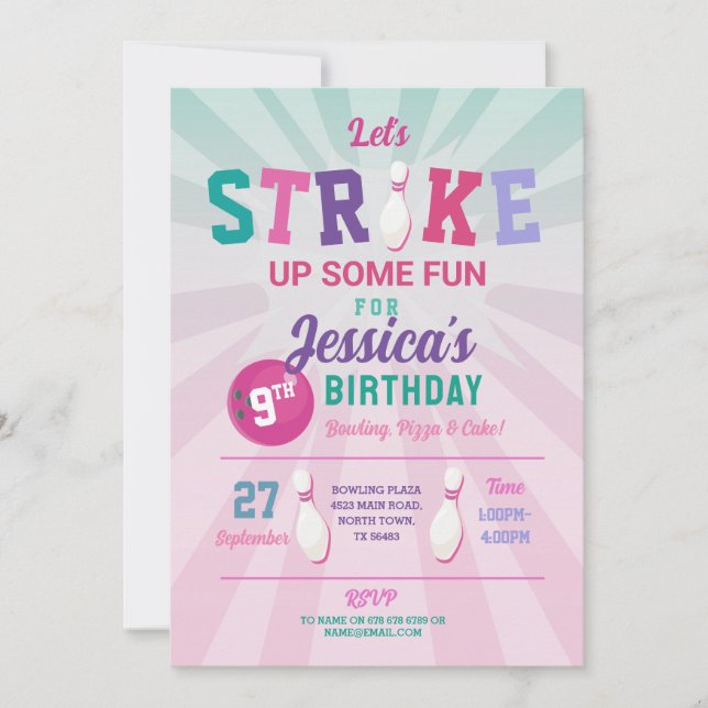 Bowling Pink Strike Fun Bowl Girls Birthday  Invitation (Front)