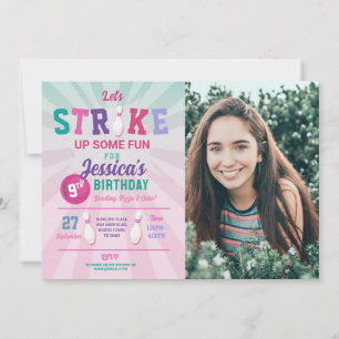 Bowling Pink Strike Photo Bowl Girls Birthday Invitation
