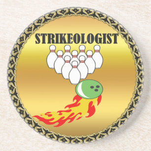 Bowling pins and ball with the word STRIKEOLOGIST Coaster