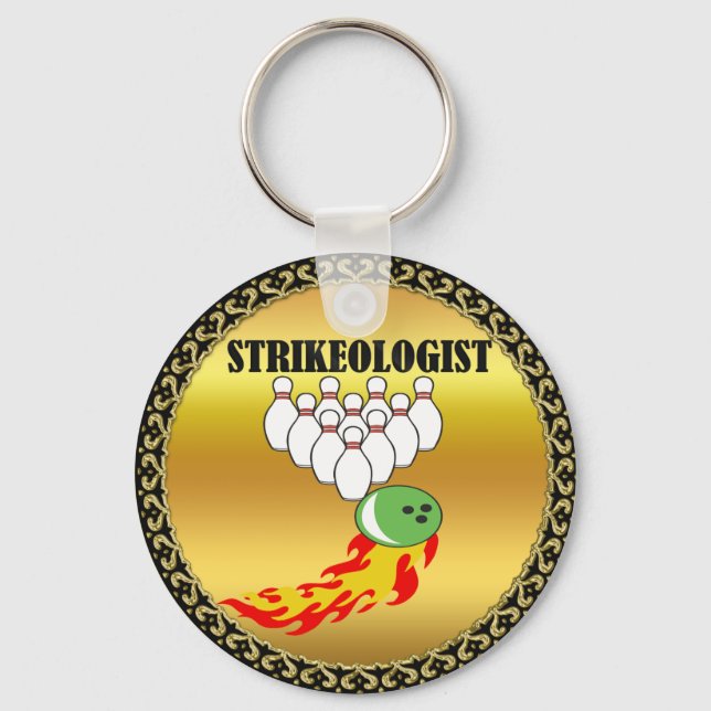 Bowling pins and ball with the word STRIKEOLOGIST Key Ring (Front)