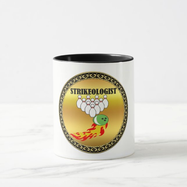 Bowling pins and ball with the word STRIKEOLOGIST Mug (Center)