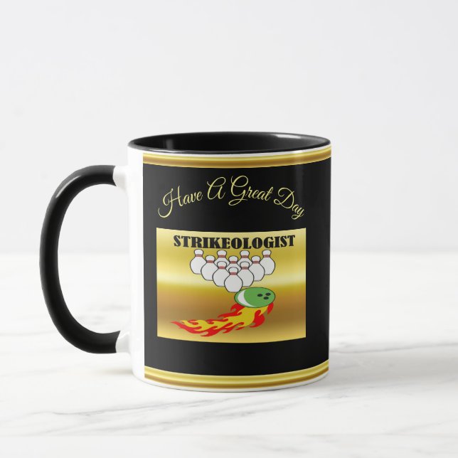 Bowling pins and ball with the word STRIKEOLOGIST Mug (Left)