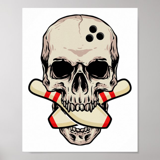 Bowling Pins Retro Skull Skeleton Head Bowling Ll  Poster (Front)