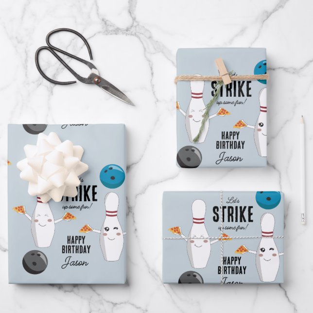 Bowling Pizza Strike Up Some Fun Kids Birthday  Wrapping Paper Sheet (Front)