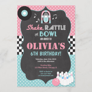Bowling rock and roll girl birthday invitation