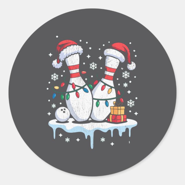 Bowling Santa Hat Funny Christmas Long Sleeve  Classic Round Sticker (Front)
