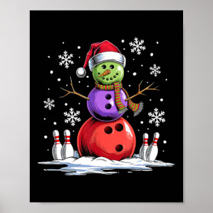 Bowling Snowman Bowling Player Santa Hat Christmas Poster