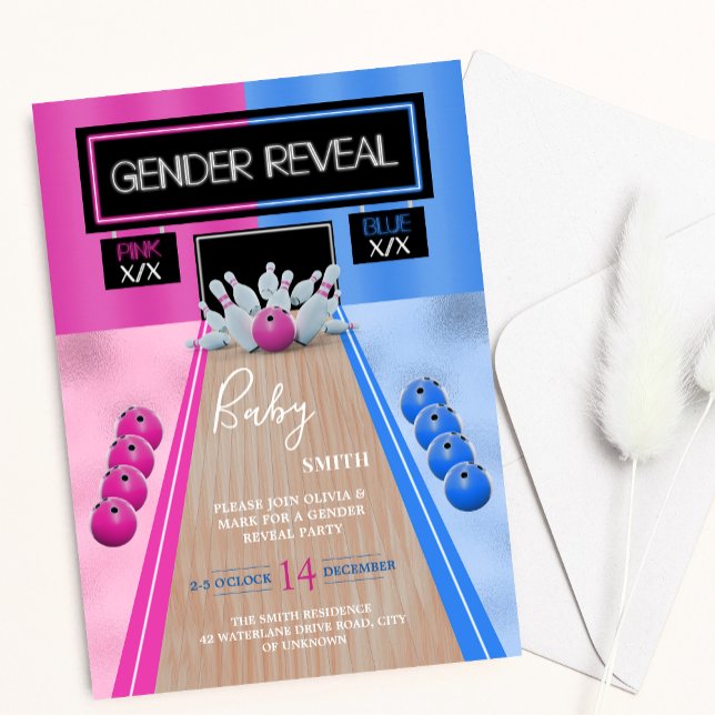 Bowling Sport Blue and Pink Gender Reveal Party Invitation (Creator Uploaded)