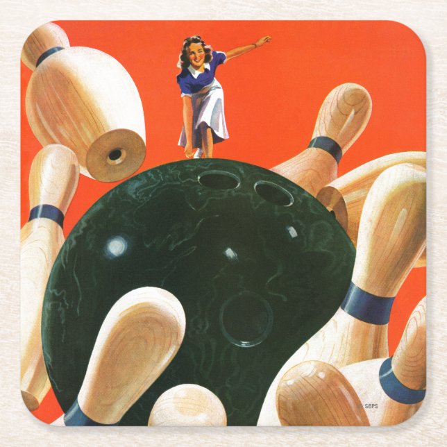 Bowling Strike Square Paper Coaster (Front)