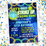Bowling Strike Up Fun Neon Glow Blue Boys Birthday Invitation<br><div class="desc">Let's Strike Up Some Fun! Bright Birthday party design with vivid neon glow lights and text in green,  white,  and blue,  great for boys bowling birthday parties.</div>