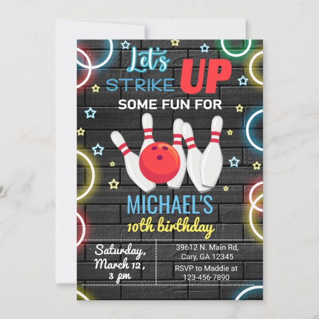 Bowling, strike up some fun, boy birthday. invitation (Front)