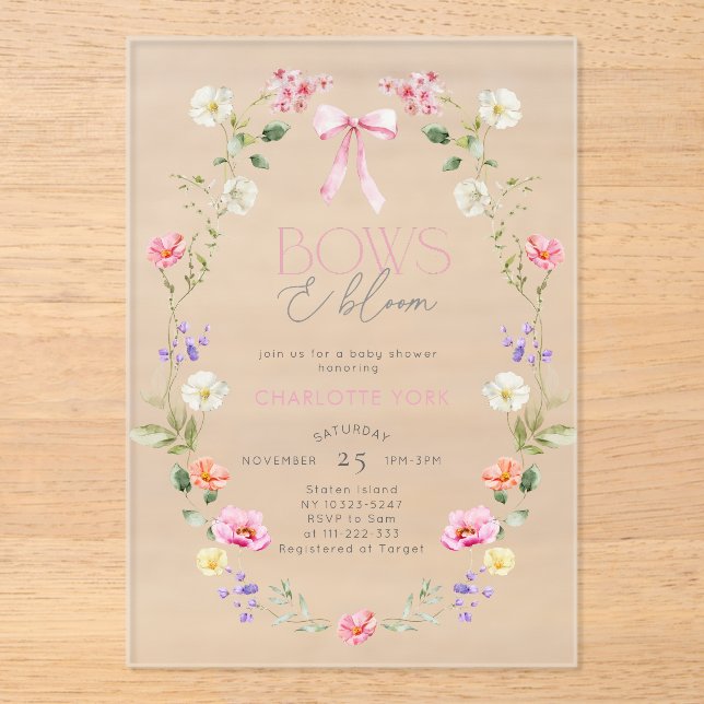 Bows and Bloom Wildflower pink Bow Baby Shower Acrylic Invitations (Front)