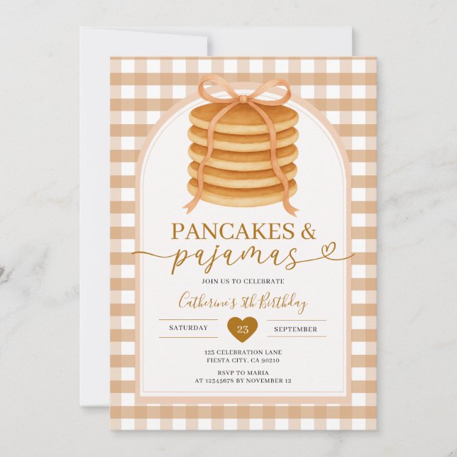 Bows and Brunch Pancake Brown 1st Birthday Gingham Invitation (Front)