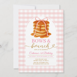 Bows and Brunch Pancake Pink 1st Birthday Gingham Invitation