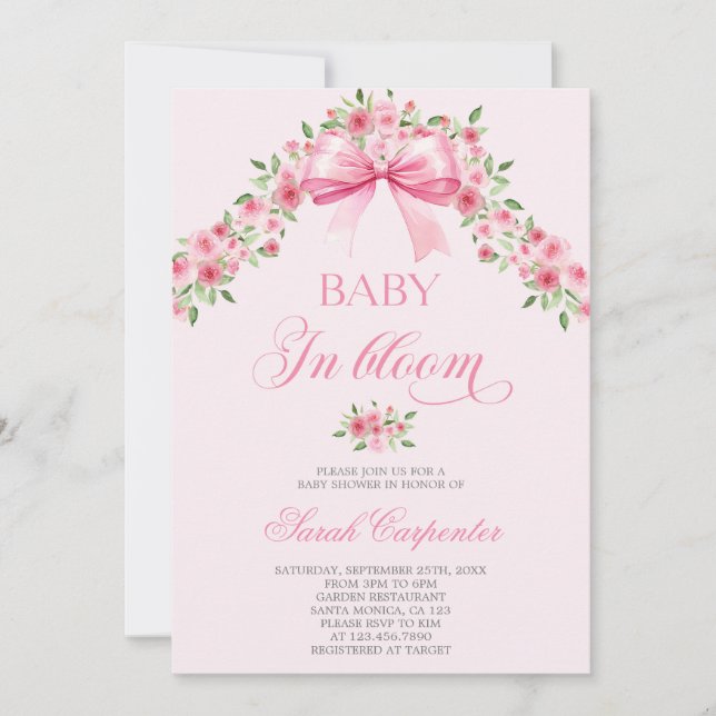 Bows And Flowers Baby Shower Girl Invitation (Front)