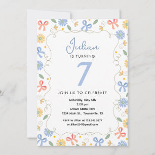 Bows and Flowers Sweet Birthday Invitation Blue