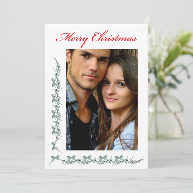 Bows and Sprigs - Photo & Christmas message Holiday Card (Standing Front)