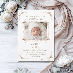 Bows Baby Neutral Photo Birth Announcement Card