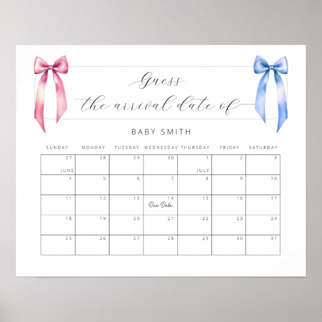 Bows Baby Shower Guess The Due Date Calendar  Poster (Front)