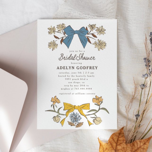 Bows & Blossoms Blue Yellow Coquette Bridal Shower Invitation (Creator Uploaded)