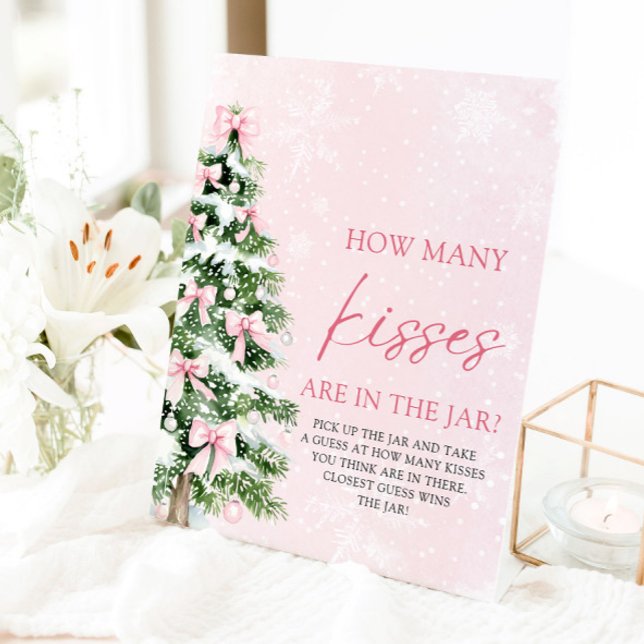 Bows Christmas Guess How Many Kisses Baby Shower  Pedestal Sign (Pink Bows Christmas Guess How Many Kisses Baby Shower Pedestal Sign)