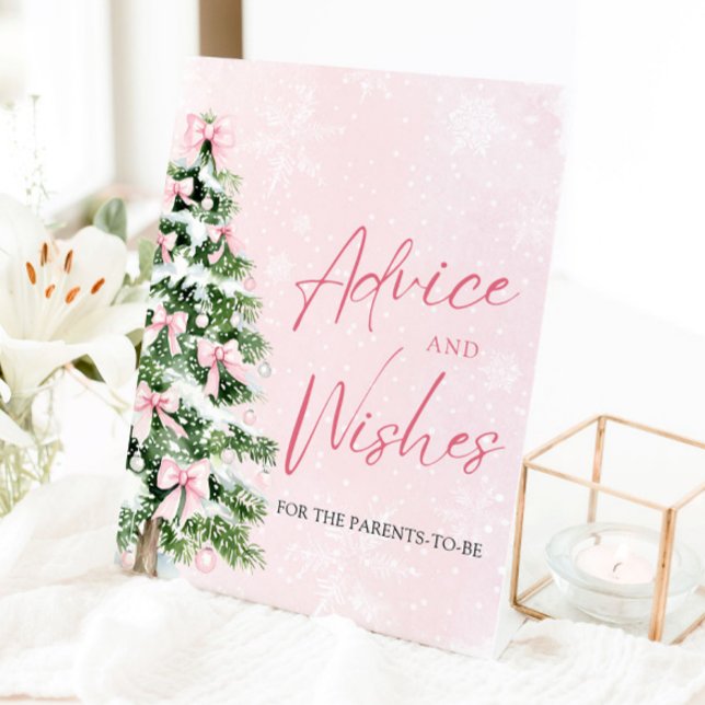 Bows Christmas Tree Baby Shower Advice and Wishes Pedestal Sign (Winter Pink Bows Christmas Tree Baby Shower Advice and Wishes Pedestal Sign)