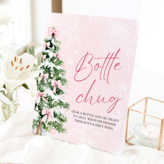 Bows Christmas Tree Baby Shower Bottle Chug Sign (Pink Bows Christmas Tree Baby Shower Bottle Chug Sign)