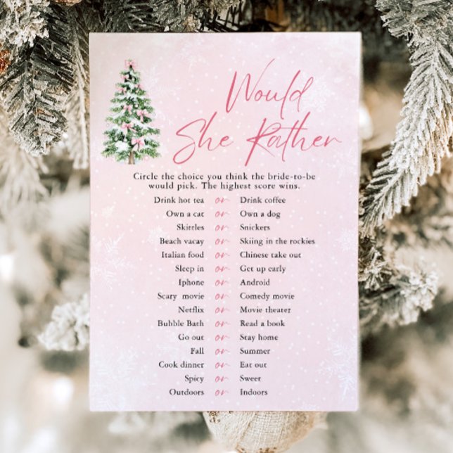 Bows Christmas Would She Rather Baby Shower Game Invitation (Pink Bows Christmas Would She Rather Baby Shower Game)