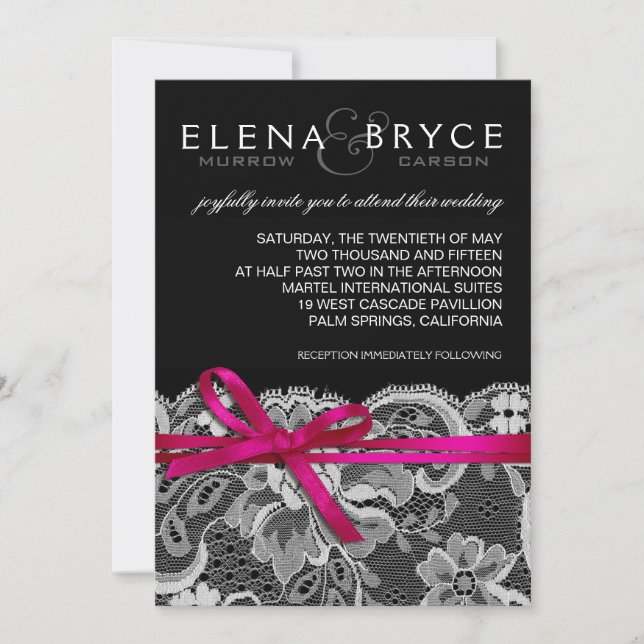 Bows Ribbon & Lace Wedding black fuschia Invitation (Front)
