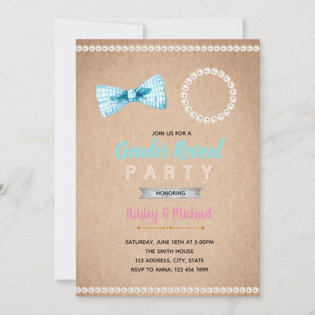 Bowtie or pearl gender reveal invitation (Front)