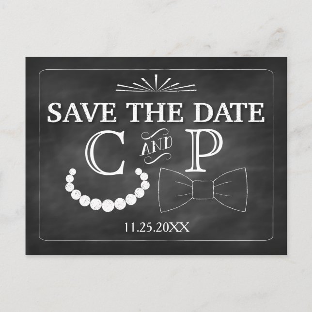 Bowties and Pearls Wedding Save The Date Postcard (Front)