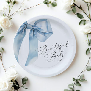 Bowtiful Baby Blue Bow Baby Shower Paper Plate