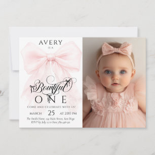 Bowtiful One Pink Bow Baby Girl 1st Birthday Invitation