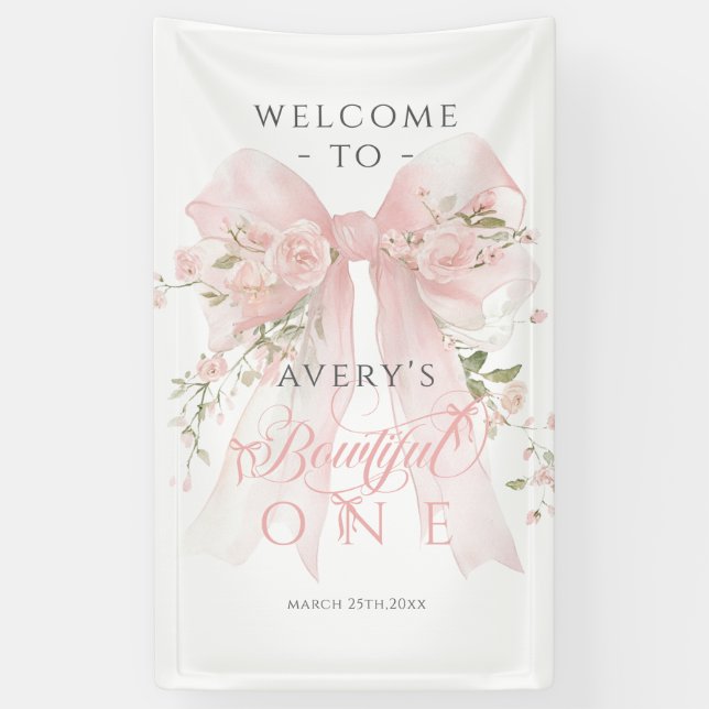 Bowtiiful One 1st Birthday Floral Bow Girls Banner (Vertical)
