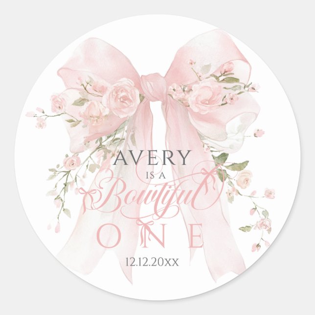 Bowtiiful One 1st Birthday Floral Bow Girls Classic Round Sticker (Front)