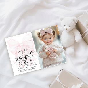 Bowtiiful One 1st Birthday Pink Bow Girls Photo Invitation