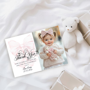 Bowtiiful One 1st Birthday Pink Bow Girls Photo Thank You Card