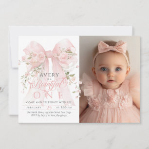 Bowtiiful One Photo 1st Birthday Floral Bow Girls Invitation