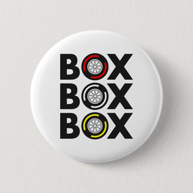 "Box Box Box" F1 Tyre Compound Design 6 Cm Round Badge (Front)