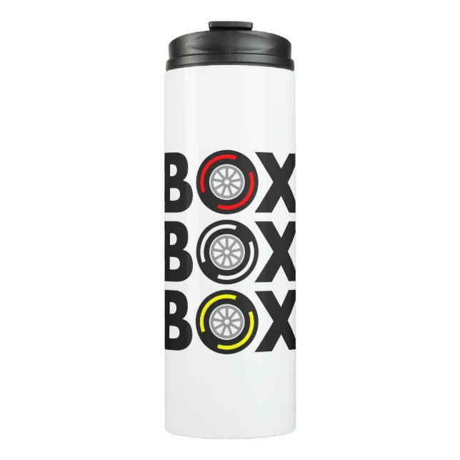 "Box Box Box" F1 Tyre Compound Design Thermal Tumbler (Front)