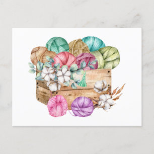 Box Full of Knitting Yarn and Cotton Flowers  Postcard